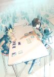  absurdres bangs belt blonde_hair brown_hair cafeteria card closed_mouth highres holding holding_card hurusatoo jacket jacket_on_shoulders kaiba_seto long_sleeves multicolored_hair open_mouth parted_bangs playing_games sitting table yami_yuugi yu-gi-oh! yu-gi-oh!_duel_monsters yuu-gi-ou yuu-gi-ou_duel_monsters 