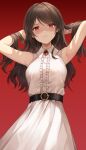  1girl armpits arms_up bangs bare_arms belt black_belt brown_hair dress eyebrows_visible_through_hair highres long_hair looking_at_viewer lunacle multicolored_hair original parted_lips red_background red_eyes redhead simple_background sleeveless solo streaked_hair white_dress 