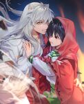  1boy 1girl al_(ahr) animal_ears black_hair blush brown_eyes cloak dog_ears highres higurashi_kagome inuyasha inuyasha_(character) japanese_clothes long_hair rosary school_uniform serafuku silver_hair white_hair yellow_eyes youkai 