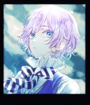  1boy androgynous blue_eyes blue_hair checkered_clothes collared_shirt colored_tips epel_felmier highres looking_to_the_side multicolored_hair pale_skin popedeyu purple_hair shirt twisted_wonderland 