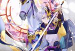  1boy bishounen blue_eyes bridal_gauntlets cape chinese_clothes errslance fate/grand_order fate_(series) fighting_stance grey_hair hair_between_eyes half_mask horned_mask horse male_focus mask prince_of_lan_ling_(fate) silver_hair solo sword weapon 