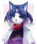  1girl :3 animal_ears animal_nose aqua_eyes bandana bangs blue_fur blue_hair body_fur border breasts circlet commentary crystal english_commentary eyebrows_visible_through_hair fox_ears fox_girl furry furry_female gradient gradient_background hair_tubes high_collar highres jacket krystal looking_at_viewer medium_breasts multicolored_hair multicolored_shirt namagaki_yukina open_clothes open_jacket open_mouth outside_border pink_background purple_shirt sapphire_(gemstone) shiny shiny_hair shirt short_hair short_sleeves simple_background snout solo star_fox star_fox_assault streaked_hair two-tone_fur two-tone_hair upper_body white_border white_fur white_jacket 