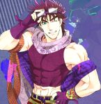  1boy battle_tendency bracelet crop_top goggles goggles_on_head green_eyes jewelry jojo_no_kimyou_na_bouken joseph_joestar joseph_joestar_(young) kine_(warabi_mk501) midriff multiple_scarves official_alternate_costume one_eye_closed purple_hair removing_goggles solo watch watch 