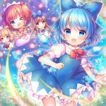  4girls ahoge blonde_hair blue_bow blue_dress blue_eyes blue_hair blush bow brown_eyes brown_hair cirno closed_mouth commentary_request danmaku detached_wings dress drill_hair eyebrows_visible_through_hair fairy fairy_wings fang hair_between_eyes hair_bow hat headdress ice ice_wings long_hair long_sleeves luna_child multiple_girls one_eye_closed open_mouth orange_hair pjrmhm_coa puffy_short_sleeves puffy_sleeves shirt short_hair short_sleeves smile snowflakes star_sapphire sunny_milk touhou two_side_up white_dress white_headwear white_shirt wings yousei_daisensou 
