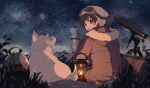  1boy aren_(fubuki-46) artist_name bangs beanie blue_eyes brown_coat brown_hair coat cup dog english_text from_behind fur-trimmed_hood fur_trim goggles goggles_on_head hat highres holding holding_cup hood hood_down lantern looking_at_viewer looking_back male_focus mug night original outdoors shooting_star sitting sky smile solo star_(sky) starry_sky steam telescope 