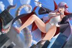  1girl bb_(fate) bb_(swimsuit_mooncancer)_(fate) black_coat blue_sky breasts building cityscape closed_eyes clouds coat commentary_request day dutch_angle fate/grand_order fate_(series) giant giantess gloves hand_on_hip high_heels highleg highleg_leotard highres large_breasts leotard looking_at_viewer neck_ribbon outdoors pointer popped_collar purple_hair red_footwear red_ribbon ribbon sky smile solo tentacles tomoshibi_(fuuzen_no_tomoshibi) white_gloves white_leotard 