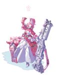  1girl absurdres blue_eyes bonnet cannon doksa dress english_commentary full_body gas_mask gloves high_heels highres holding holding_weapon huge_weapon looking_at_viewer mask original pink_hair puffy_sleeves solo standing weapon white_background white_dress 