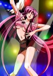  1girl arm_up bangs breasts closed_eyes cropped_shirt eyebrows_visible_through_hair feet_out_of_frame folding_fan hand_fan holding holding_fan kimura_takahiro lipstick long_hair makeup mature_female miniskirt navel non-web_source official_art pencil_skirt photoshop_(medium) pink_hair red_lips short_sleeves skirt solo stage_lights suspender_skirt suspenders under_boob variable_geo very_long_hair yuuki_ayako 