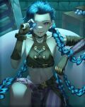  1girl absurdres arcane:_league_of_legends arcane_jinx arm_tattoo asymmetrical_bangs ball bangs bare_shoulders belt blue_hair braid breasts brown_belt closed_mouth cloud_tattoo collarbone dos_(ehgns007kr) fingerless_gloves gloves highres holding holding_ball jinx_(league_of_legends) league_of_legends long_hair looking_at_viewer navel one_eye_covered pants pink_eyes shirt shoulder_tattoo sitting smile solo striped striped_pants tattoo tongue tongue_out twin_braids 