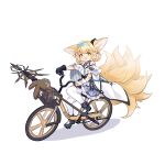  1girl absurdres amiya_(arknights) animal_ear_fluff animal_ears aqua_hairband arknights bicycle commentary_request dress earpiece fang fox_ears fox_girl fox_tail frilled_dress frills gloves green_eyes ground_vehicle hair_rings hairband highres infection_monitor_(arknights) kitsune kyuubi multiple_tails oripathy_lesion_(arknights) shio_(7203802) single_glove single_wrist_cuff skin_fang staff suzuran_(arknights) tail white_legwear wrist_cuffs 