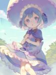  1boy blue_eyes blue_hair choke_(amamarin) clouds cloudy_sky commentary_request highres looking_at_viewer made_in_abyss maid maid_headdress male_focus maruruk morning otoko_no_ko outdoors parasol short_hair sky solo umbrella 