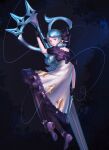  1girl absurdres bangs black_bow black_dress black_gloves blue_background blue_eyes blue_hair bow chojja dress drill_hair frilled_dress frills gloves grey_dress gwen_(league_of_legends) hair_bow highres holding holding_scissors league_of_legends long_hair multicolored_background oversized_object pantyhose puffy_short_sleeves puffy_sleeves scissors shiny shiny_hair shoes short_sleeves solo spade_(shape) striped striped_legwear twin_drills 