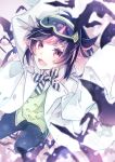  1boy androgynous black_hair bow checkered_clothes goggles goggles_on_head highres labcoat lilia_vanrouge looking_to_the_side multicolored_hair natsukawamikan necktie pale_skin pink_eyes pink_hair pointy_ears red_eyes solo twisted_wonderland 