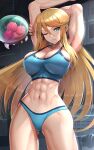  1girl abs absurdres arms_up ass_visible_through_thighs blonde_hair blue_sports_bra breasts commentary commentary_request gonzarez green_eyes highres large_breasts long_hair looking_at_viewer metroid metroid_(creature) midriff mole mole_under_mouth muscular muscular_female nail_polish navel one_eye_closed samus_aran skindentation sports_bra sports_panties thighs 