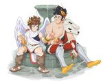  2boys :t angel_wings barefoot belt black_hair black_sclera blue_eyes brown_hair colored_sclera crossover eating food fountain french_fries greek_clothes green_eyes gyro hades_(game) heterochromia highres ice_cream ice_cream_cone jamie_loughran kid_icarus laurel_crown male_focus mismatched_sclera multiple_boys pit_(kid_icarus) red_eyes sandals shorts single_bare_shoulder sitting skull wings zagreus_(hades) 