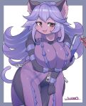  1girl animal_ears blush breasts brown_eyes cat_ears cat_girl cat_tail eyebrows_visible_through_hair eyeshadow facial_mark fang furry furry_female highres large_breasts little_tail_bronx long_hair looking_at_viewer makeup open_mouth opera_kranz purple_eyeshadow purple_hair ryuusui_arumo smile solatorobo solo tail zipper_pull_tab 