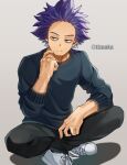  1boy arm_rest bags_under_eyes bangs black_pants boku_no_hero_academia drop_shadow expressionless facing_viewer hand_up highres indian_style male_focus messy_hair pants purple_hair scratching_cheek shinsou_hitoshi shoes short_hair simple_background sitting sleeves_pushed_up sneakers solo spiky_hair sweater tonbanlove twitter_username violet_eyes white_footwear 