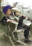  1boy bags_under_eyes bangs black_pants black_shirt blurry blurry_background blurry_foreground boku_no_hero_academia boots cityscape clenched_teeth debris depth_of_field highres male_focus messy_hair pants purple_hair rebar rubble scarf shinsou_hitoshi shirt short_hair sitting solo spiky_hair strap teeth tonbanlove torn_clothes twitter_username violet_eyes 