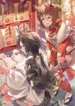  2022 2girls absurdres air_shakur_(umamusume) alternate_hairstyle animal_ears bangs black_footwear black_hair blurry blurry_background brown_hair closed_mouth commentary_request day depth_of_field ema fine_motion_(umamusume) floral_print flower hair_bun hair_ornament hair_up hands_on_own_knees happy_new_year hatsumoude highres horse_ears horse_girl horse_tail japanese_clothes kimono light_frown long_sleeves multiple_girls new_year obi open_mouth outdoors partial_commentary pink_flower red_kimono sandals sash short_hair sidelocks smile squatting standing tabi tail translated twitter_username umamusume white_kimono white_legwear yellow_eyes yogukasu 