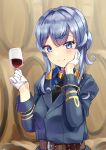  1girl alcohol black_necktie blue_eyes blue_hair collared_shirt cup drinking_glass gloves gotland_(kancolle) gotland_andra_(kancolle) hair_bun half_gloves hand_on_own_face holding kantai_collection long_hair mayura2002 military military_uniform mole mole_under_eye necktie shirt solo uniform upper_body white_gloves wine wine_glass 