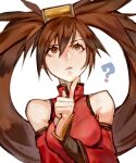  1girl ? bangs bare_shoulders breasts brown_eyes brown_hair chinese_clothes dress guilty_gear hair_between_eyes hair_ornament hair_ring highres kuradoberi_jam long_hair looking_up medium_breasts open_mouth solo twintails uncle_rabbit_ii very_long_hair 