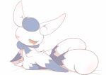  1girl animal_ears arm_support bed_sheet blue_fur blue_hair blush body_fur cat_ears cat_girl cat_tail colored_sclera commentary_request flat_chest furry furry_female half-closed_eyes hand_up kajiura leaning_to_the_side lying meowstic meowstic_(female) multiple_tails on_side partial_commentary pokemon pokemon_(creature) red_eyes short_hair simple_background solo tail two-tone_fur two_tails white_background white_fur yellow_sclera 