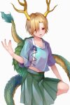  1girl absurdres antlers blonde_hair blue_shirt dragon_horns dragon_tail green_skirt highres horns kicchou_yachie koizumo open_mouth pleated_skirt red_eyes shirt short_hair short_sleeves simple_background skirt solo tail touhou turtle_shell white_background yellow_horns 