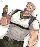  1boy arm_hair beard black_gloves blue_eyes brk_603 character_request dog_tags explosive facial_hair fingerless_gloves gloves grenade highres holding holding_grenade looking_at_viewer male_focus muscular muscular_male mustache shirt signature simple_background solo white_background white_hair white_shirt 