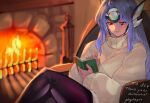  1girl artist_name blue_hair book breasts chimney closed_mouth commission english_text fire fireplace headpiece indoors kos-mos leggings light long_hair long_sleeves negresco reading red_eyes shaded_face shadow skeb_commission smile solo sweater turtleneck turtleneck_sweater xenosaga 