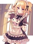  1girl black_legwear blonde_hair chloe_(princess_connect!) closed_mouth cowboy_shot garter_straps hair_ornament hairclip highres looking_at_viewer maid maid_headdress pointy_ears princess_connect! solo toramaru_(toramal9831) twintails violet_eyes window 