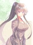  breasts brown_eyes brown_hair brown_sweater casual eyebrows_visible_through_hair highres hiiro_yuya kantai_collection large_breasts long_hair official_alternate_costume ponytail ribbed_sweater smile sweater upper_body yamato_(kancolle) 