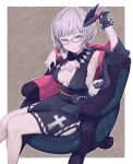  1girl absurdres black_dress chair daisi_gi dress fate/grand_order fate_(series) glasses gloves grey_hair highres jacques_de_molay_(foreigner)_(fate) short_dress single_glove sitting violet_eyes 