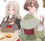  2girls bag bangs blonde_hair blush bowl eating english_commentary eri_(vtuber) euphie_vt green_kimono grey_sweater hair_behind_ear holding holding_bag holding_bowl indie_virtual_youtuber japanese_clothes kimono long_hair looking_at_viewer looking_down multiple_girls original parted_hair smile sweater virtual_youtuber 