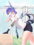  1girl absurdres alternate_costume bandaged_arm bandages black_shorts blurry blurry_background clenched_hand dragon_girl dragon_tail drinking_fountain fence gym_uniform head_wings highres leaning_forward nijisanji nijisanji_en selen_tatsuki shiroko_(koroshi110) shorts smile solo sweat tail tied_hair violet_eyes virtual_youtuber 