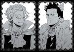  2boys 2elu2 alternate_universe animal_collar animal_ears ascot beard blue_eyes boku_no_hero_academia brooch burn_scar cape collar column_lineup ear_piercing earrings endeavor_(boku_no_hero_academia) facial_hair facial_mark fang feathered_wings framed fur-trimmed_jacket fur_trim furrowed_brow goatee greyscale hawks_(boku_no_hero_academia) high_collar highres jacket jewelry long_bangs looking_at_viewer male_focus monochrome multiple_boys multiple_piercings mustache piercing scar scar_across_eye scar_on_cheek scar_on_face scar_on_mouth seductive_smile serious short_hair sideburns smile spiky_hair spot_color stud_earrings sweatdrop therianthrope vampire vest white_background wings yellow_eyes 
