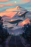  animal animal_focus artist_name blue_whale clouds english_commentary evening fins flying from_side geneva_bowers highres moon mountain no_humans original outdoors road scenery tail_fin tree utility_pole watermark whale 