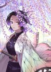  1girl absurdres animal_print bangs belt black_hair blush buckle bug butterfly butterfly_hair_ornament butterfly_print buttons closed_mouth commentary_request dated eyelashes flower gradient_hair hair_ornament hand_on_hilt haori highres holding holding_sword holding_weapon japanese_clothes katana kazuimo15s kimetsu_no_yaiba kochou_shinobu lips long_sleeves multicolored_hair pocket purple_hair scabbard sheath short_hair sidelocks simple_background smile solo standing sword uniform unsheathing violet_eyes weapon white_belt wisteria 