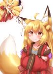  1girl :3 ahoge animal_ear_fluff animal_ears arm_up back_bow bangs bell blonde_hair blush bow closed_mouth embers eyebrows_visible_through_hair fang fang_out flaming_weapon flat_chest fox_ears fox_girl fox_tail grey_shirt hair_bell hair_between_eyes hair_ornament hakama haori happy highres holding holding_sword holding_weapon horokusa_(korai) japanese_clothes jingle_bell katana korai_(horokusa) kyuubi long_hair long_sleeves looking_at_viewer multiple_tails open_clothes orange_eyes original purple_background red_hakama sheath shiny shiny_hair shirt sidelocks simple_background smile solo standing sword tail thought_bubble unsheathing very_long_hair weapon wide_sleeves 