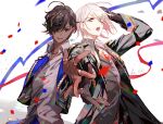  2boys arjuna_(fate) bangs bishounen black_eyes black_hair blue_eyes commentary_request dark-skinned_male dark_skin earrings fate/grand_order fate_(series) hair_between_eyes highres jewelry karna_(fate) long_hair long_sleeves looking_at_viewer male_focus multiple_boys pale_skin sakuramochi1003 smile white_hair 