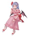  1girl bat_wings blue_hair bow dress footwear_bow hair_bow hairband highres himuhino jewelry looking_at_viewer necklace pink_dress pointy_ears puffy_sleeves red_bow red_hairband remilia_scarlet sash short_sleeves simple_background solo touhou wavy_hair white_background white_footwear wings wrist_cuffs 