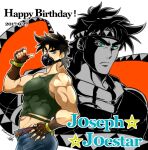  2boys abs bare_shoulders battle_tendency biceps blue_eyes brown_hair character_name crop_top dated denim dual_persona facial_mark fingerless_gloves gloves happy_birthday headband jeans jojo_no_kimyou_na_bouken joseph_joestar joseph_joestar_(young) kozakura_(i_s_15) male_focus mask midriff multiple_boys muscular muscular_male pants pointing pointing_at_self projected_inset scarf serious striped striped_scarf triangle_print 