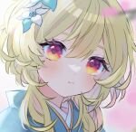  1girl blonde_hair blush bob_cut flower genshin_impact hair_flower hair_ornament head_tilt highres looking_at_viewer lumine_(genshin_impact) multicolored_eyes pale_skin solo syorisensei violet_eyes yellow_eyes 