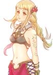  1girl bare_shoulders blonde_hair braid breasts brown_eyes closed_mouth cross-laced_clothes final_fantasy final_fantasy_xii final_fantasy_xii_revenant_wings hair_ornament long_hair looking_at_viewer midriff pants penelo red_pants sa_kichi simple_background sleeveless solo white_background 