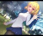  1girl antenna_hair arcueid_brunestud bangs black_legwear blonde_hair blue_skirt blush breasts building city_lights eyebrows_visible_through_hair hair_between_eyes highres itsuka_neru jewelry light_particles long_sleeves looking_at_viewer medium_breasts miniskirt necklace night open_mouth outdoors pantyhose red_eyes short_hair single_hair_intake skirt smile solo sweater tongue tree tsukihime tsukihime_(remake) turtleneck turtleneck_sweater white_sweater 