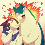  blush couple fangs fire gaelfox happy head_tilt heart heart-shaped_pupils highres hisuian_typhlosion holding_hands looking_at_another open_mouth pokemon pokemon_(creature) smile spoken_heart symbol-shaped_pupils typhlosion upper_body 
