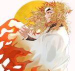  1boy arm_up bangs black_sleeves blonde_hair bright_pupils buttons cape commentary_request eyelashes feet_out_of_frame fingernails flame_print from_side half_updo katana kimetsu_no_yaiba lips long_hair long_sleeves multicolored_eyes multicolored_hair mutsu_(621300) ponytail red_eyes redhead rengoku_kyoujurou school_uniform sidelocks simple_background smile sword tied_hair two-tone_hair wavy_hair weapon white_background white_cape white_pupils 
