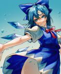  1girl ahoge aihara-rina blue_bow blue_dress blue_eyes blue_hair blush bow cirno collared_shirt commentary_request dress eyebrows_visible_through_hair eyelashes fairy gradient gradient_background grin hair_between_eyes hair_bow highres ice ice_wings looking_at_viewer open_mouth pinafore_dress puffy_short_sleeves puffy_sleeves red_ribbon ribbon shiny shiny_hair shirt short_hair short_sleeves simple_background smile solo teeth thighs tongue touhou twitter_username white_background white_shirt wings 