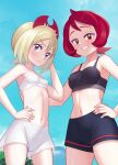  2girls absurdres alternate_costume arezu_(pokemon) bangs bare_arms black_shorts blonde_hair blue_eyes blush breasts closed_mouth collarbone commentary_request cowlick day eyelashes from_below frown gazing_eye grin hair_between_eyes hairband hand_on_hip hand_up highres irida_(pokemon) looking_at_viewer midriff multiple_girls navel outdoors pokemon pokemon_(game) pokemon_legends:_arceus red_hairband redhead shorts sky smile teeth white_shorts 