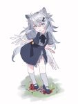  1girl animal animal_ear_fluff animal_ears arknights arms_behind_back bangs bird black_bow black_skirt black_vest blood blood_on_knife bow commentary_request eyebrows_visible_through_hair feathers full_body grey_eyes grey_hair grey_shirt hair_between_eyes hair_ornament hairclip head_tilt highres kaleka knife lappland_(arknights) long_hair shirt short_sleeves skirt solo standing tongue tongue_out very_long_hair vest white_background white_feathers 