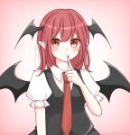  1girl bat_wings black_skirt black_vest blush breasts closed_mouth collared_shirt commentary diamond-shaped_pupils diamond_(shape) eyebrows_visible_through_hair finger_to_mouth gradient gradient_background head_wings highres koakuma long_hair looking_at_viewer medium_breasts necktie pink_background piyoru_nico pointy_ears puffy_short_sleeves puffy_sleeves red_eyes red_necktie redhead shirt short_sleeves simple_background skirt solo symbol-shaped_pupils touhou vest white_shirt wings 